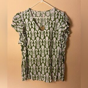 New Christian Siriano Green and White V Neck Ruffle Sleeve Blouse Top Size 2X